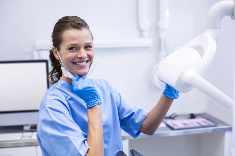 A dental hygienist getting ready for the day